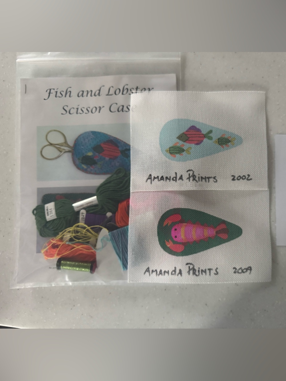 Needlepoint Scissor case - Green and Light Blue Fish & Lobster Design